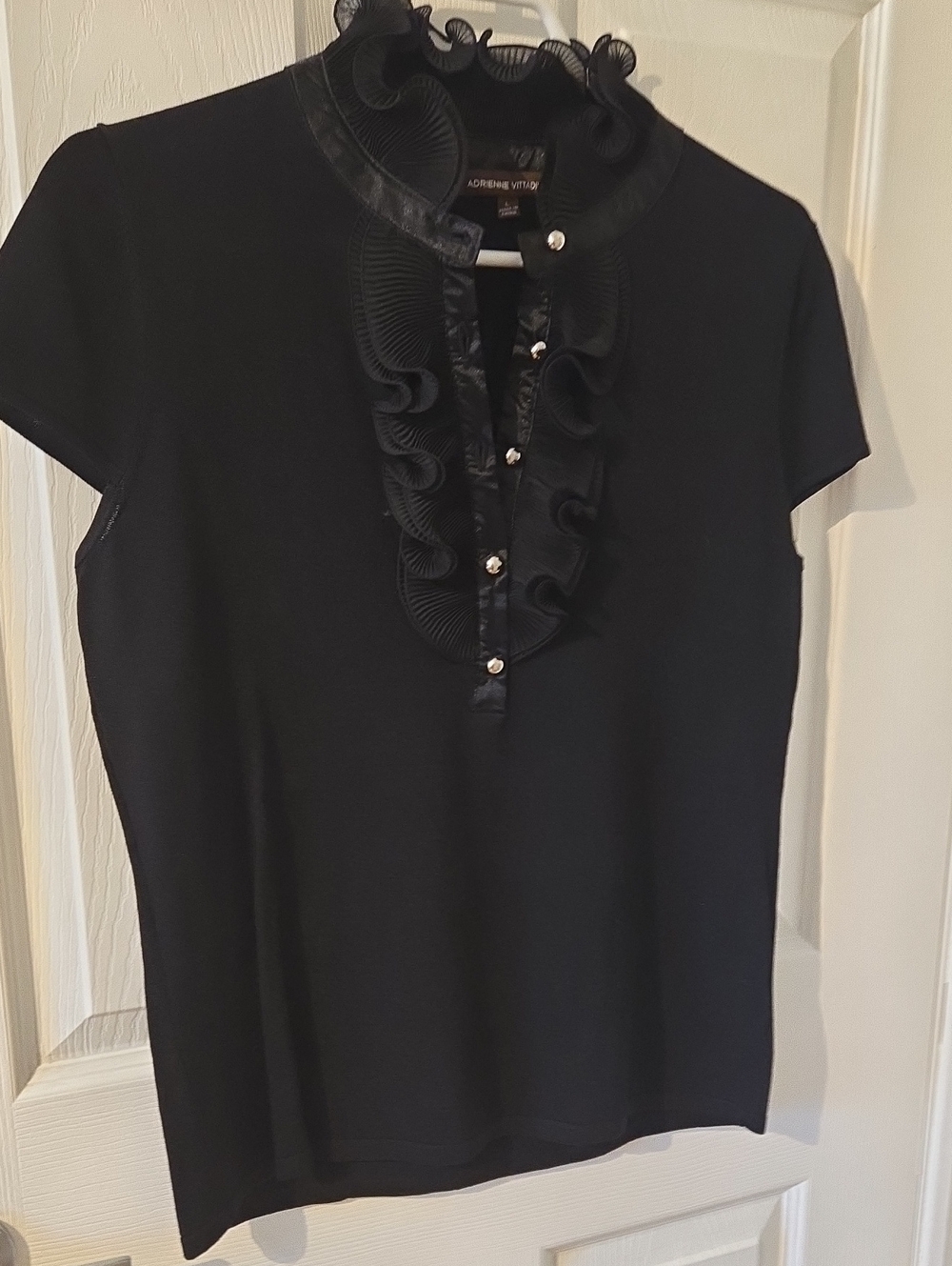 Adrienne Vittadini Black Ruffle-Placket Short Sleeve Blouse